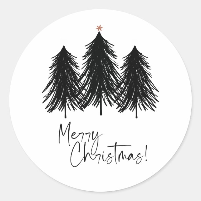 Sticker Rond Noir Blanc Joyeux Arbres de Noël Fêtes (Devant)