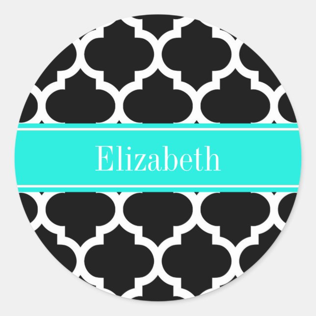 Sticker Rond Noir Blanc Marocain #5 Brt Nom Aqua Monogramme (Devant)