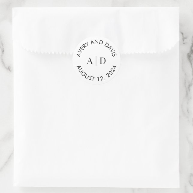 Sticker Rond Noir Blanc moderne mariage personnalisé Monogramme (Sac)