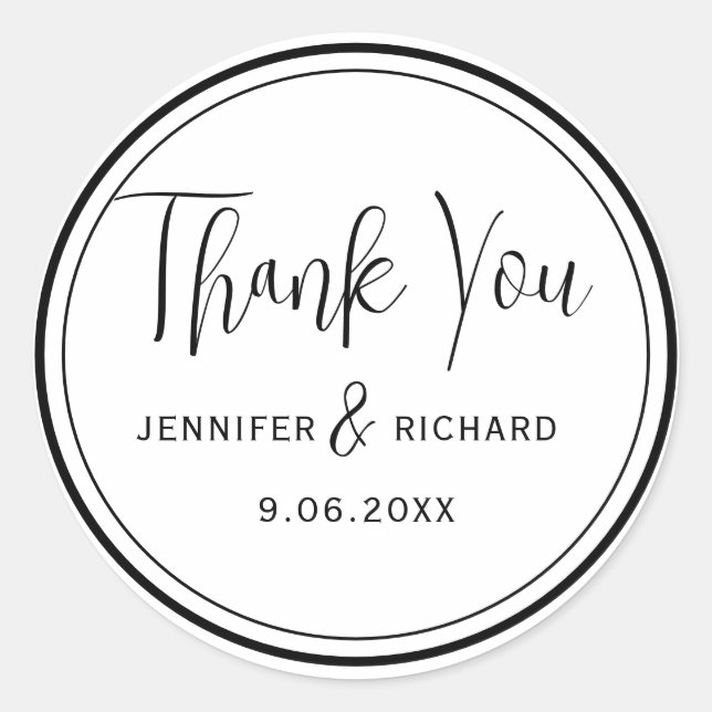 Sticker Rond Noir & Blanc moderne Merci mariage Faveur (Devant)