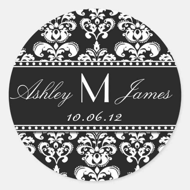 Sticker Rond Noir blanc Monogramme Damask Enregistrer les stick (Devant)