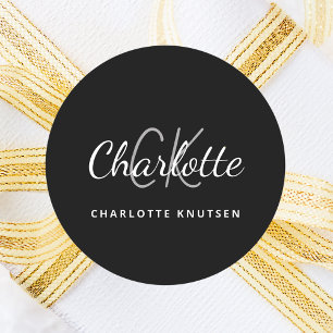 Sticker Rond Noir blanc monogramme initiales script minimaliste