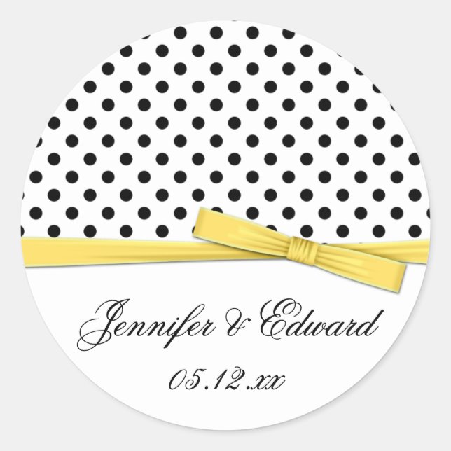 Sticker Rond Noir Blanc Pois Jaune Enregistrer La Date (Devant)