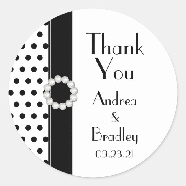 Sticker Rond Noir Blanc Polka Point Merci Mariage Faveur (Devant)