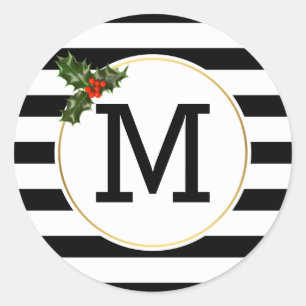 Sticker Rond Noir blanc rayures sainte baie monogramme Noël