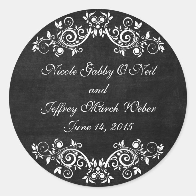Sticker Rond Noir Chalkboard Rustique Blanc Flourds Mariage (Devant)