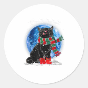 Sticker Rond Noir Chat Noël clair lune Bleu Hol
