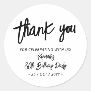 Sticker Rond Noir Chic Brush Script Anniversaire Merci de fête