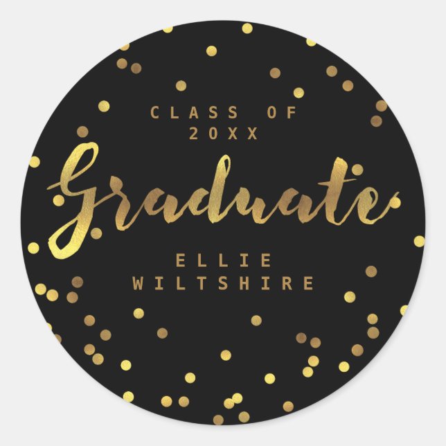 Sticker Rond Noir Classé Diplômé Faux Gold Foil Confetti (Devant)
