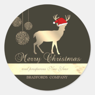 Sticker Rond Noir élégant, Cerf de Noël, Santa Hat, Société