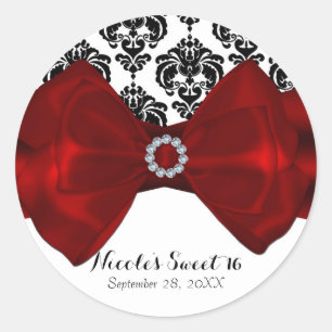 Sticker Rond Noir et blanc damassé nœud rouge glamour fête Swee
