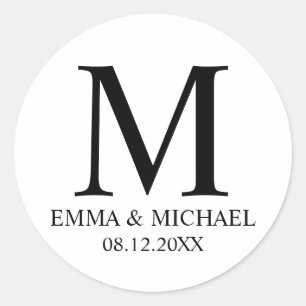 Sticker Rond Noir et blanc Elégant Monogramme Mariage Faveur
