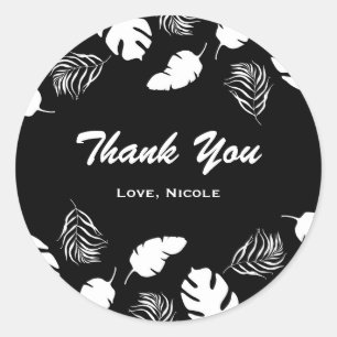 Sticker Rond Noir et blanc Feuilles tropicales Élégant Chic Fêt