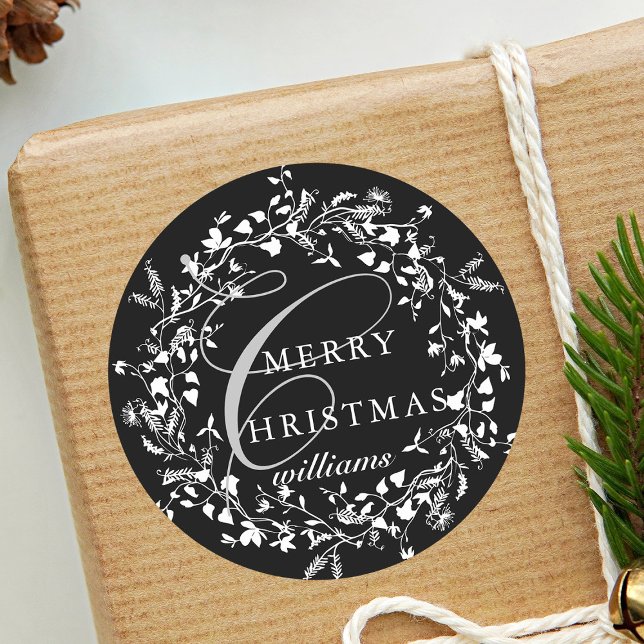 Sticker Rond Noir et blanc Fleur sauvage moderne Wreath Noël (Créateur téléchargé)