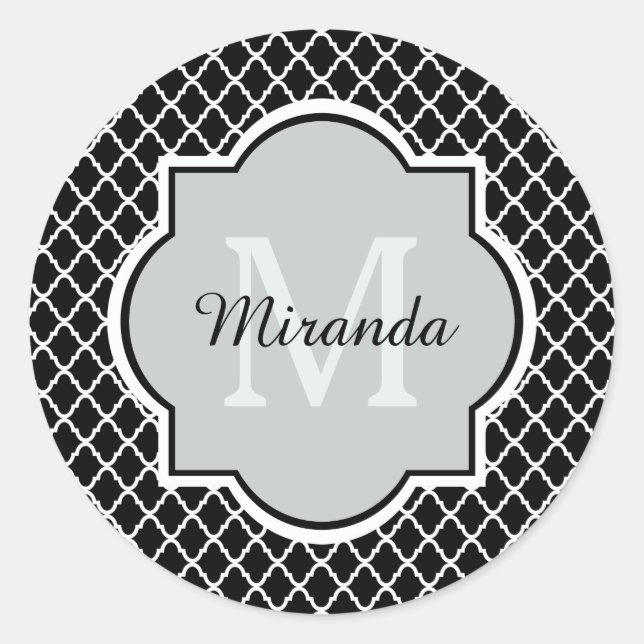 Sticker Rond Noir et blanc moderne Quatrefoil Nom monogramme (Devant)