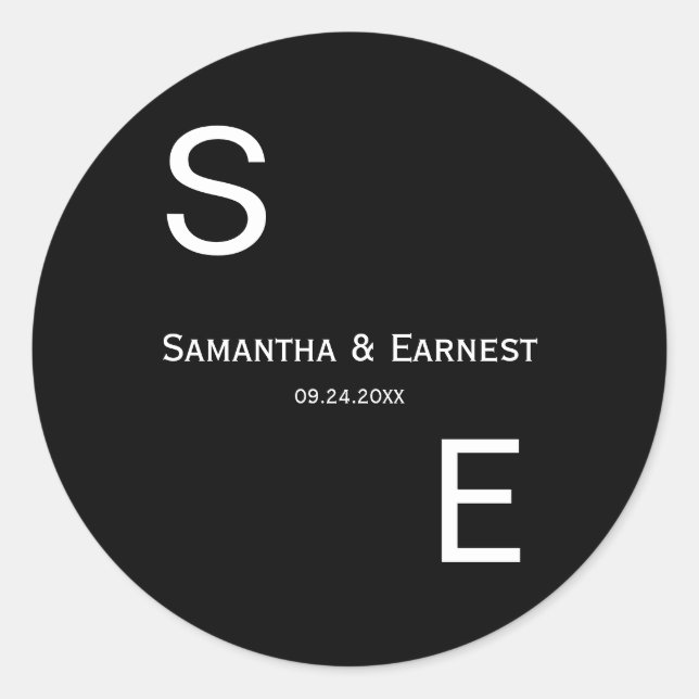 Sticker Rond Noir et blanc Monogramme moderne mariage Faveur (Devant)