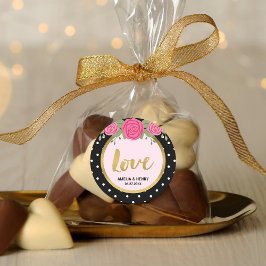 Sticker Rond Noir et blanc Polka point Rose Amour Mariage