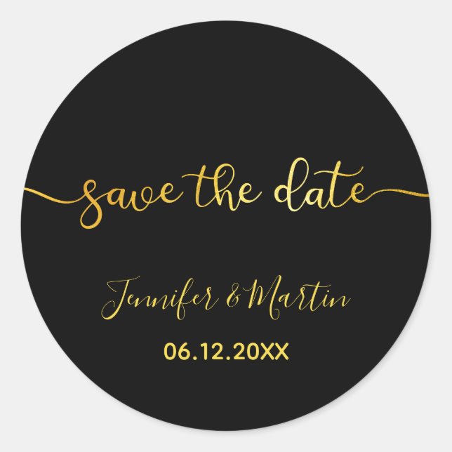 Sticker Rond Noir et Faux Gold Foil Ombre Enregistrer la date (Devant)