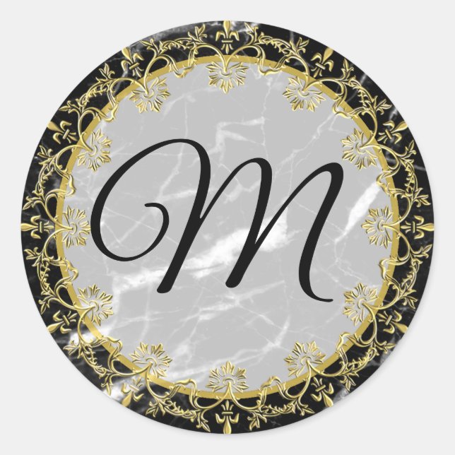 Sticker Rond Noir et Marbre blanc Or Monogramme (Devant)