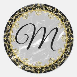 Sticker Rond Noir et Marbre blanc Or Monogramme