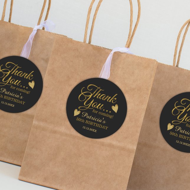 Sticker Rond Noir et Or 50e anniversaire Merci (Black And Gold 50th Birthday Thank You Classic Round Sticker Party favor stickers)
