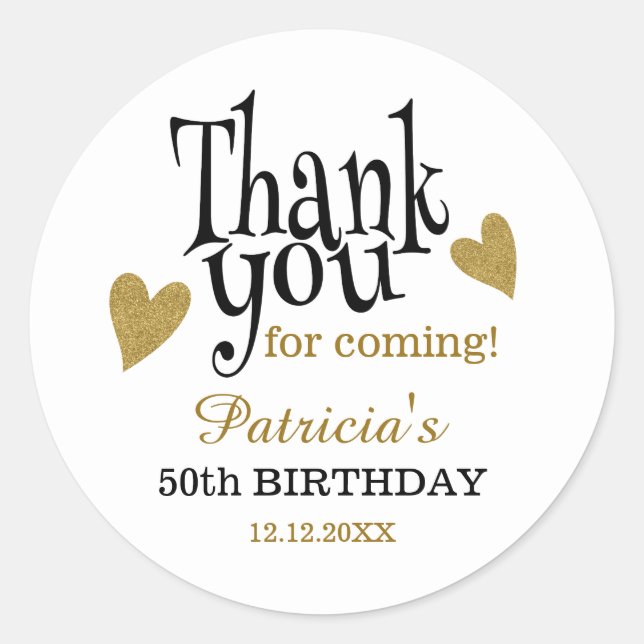 Sticker Rond Noir et Or 50e anniversaire Merci Favor (Devant)