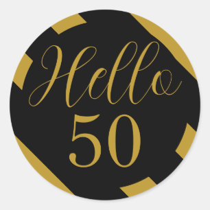 Sticker Rond Noir et Or Bonjour 50 Rayure Diagonale