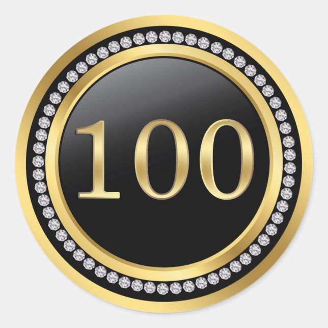 Sticker Rond Noir et or, diamants imprimés 100e anniversaire (Devant)