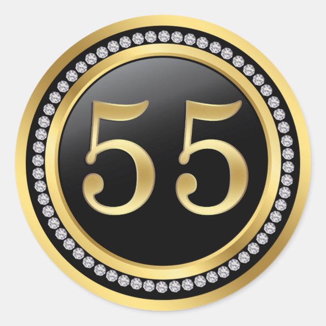 Sticker Rond Noir et or, diamants imprimés 55e anniversaire (Devant)