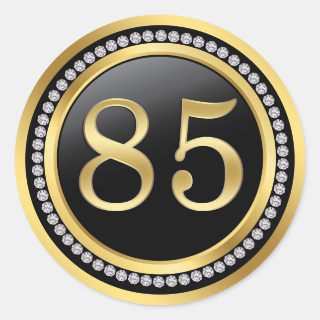Sticker Rond Noir et or, diamants imprimés 85e anniversaire (Devant)