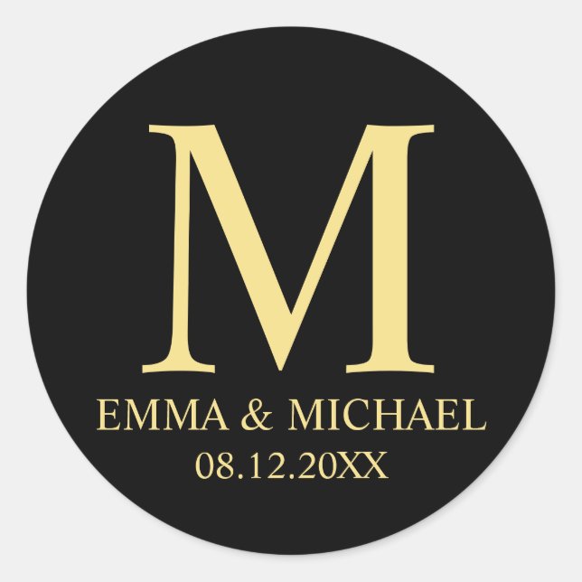 Sticker Rond Noir et or Elegant Monogramme mariage Faveur (Devant)