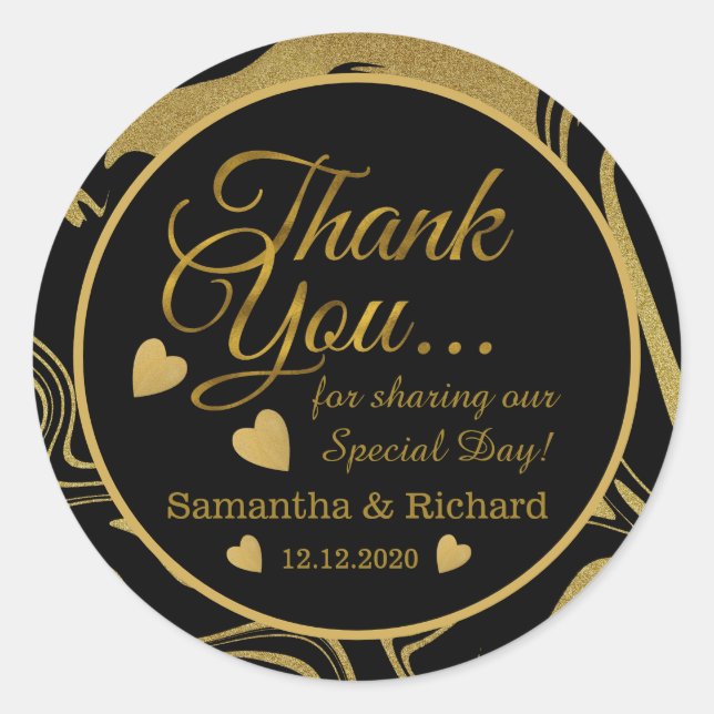 Sticker Rond Noir Et Or Merci Mariage Faveur (Devant)