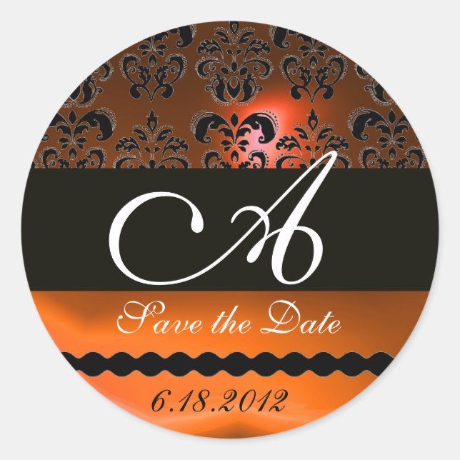 STICKER ROND NOIR ET ORANGE AGATE DAMASK MONOGRAM, (Devant)