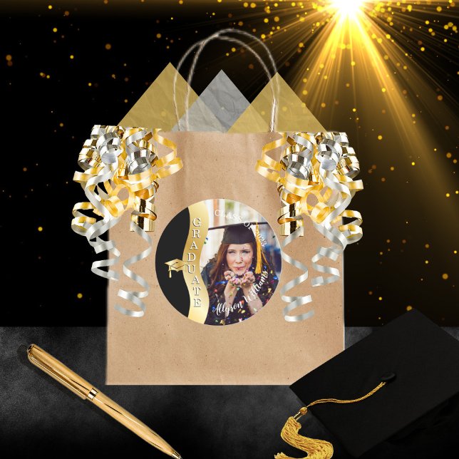 Sticker Rond Noir | Gold Graduate Wave Grad Casquette photo (Créateur téléchargé)