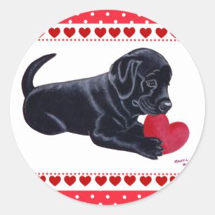 Sticker Rond Noir Labrador Chiot et Coeur