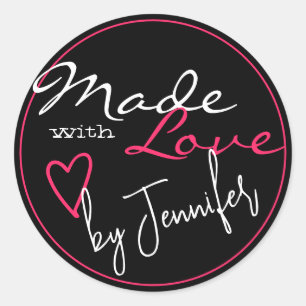 Sticker Rond Noir moderne avec rose vif Fabriqué avec coeur d'a