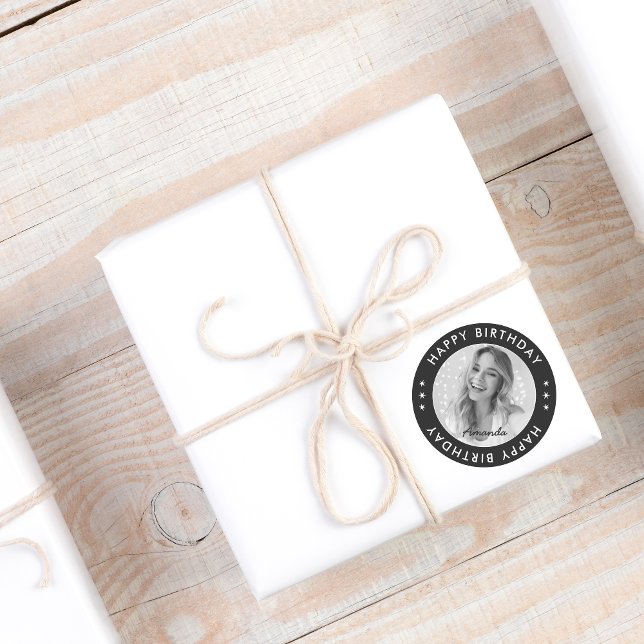 Sticker Rond Noir Moderne Classique Classique Joyeux Anniversai (Black Modern Simple Classic Happy Birthday Photo Classic Round Sticker)