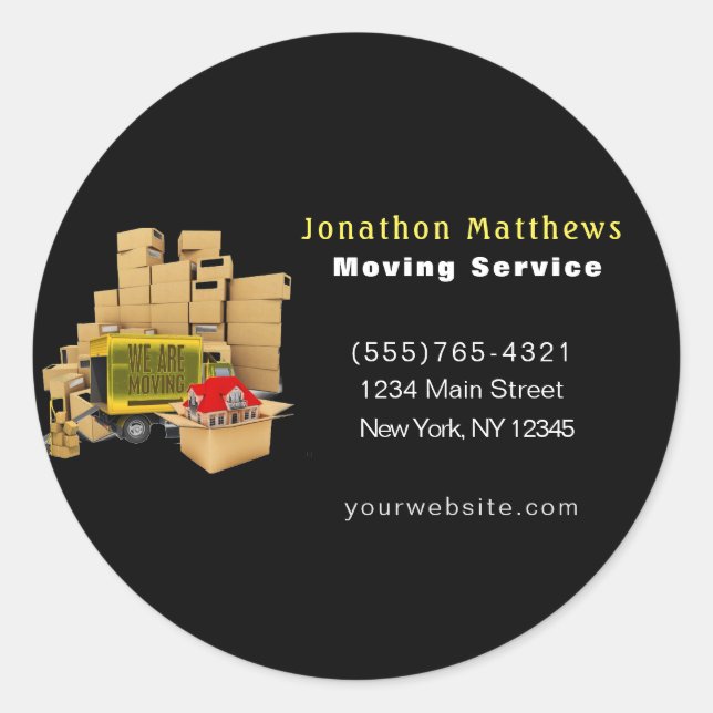 Sticker Rond Noir Nous Déplaçons Boîtes Service d'Emballage Soc (Devant)