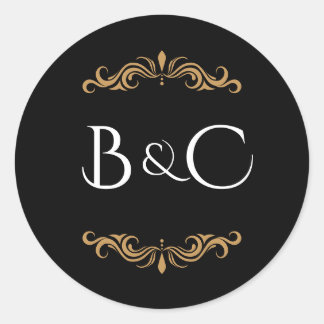 Sticker Rond Noir, Or, & Blanc Élégant thème de mariage