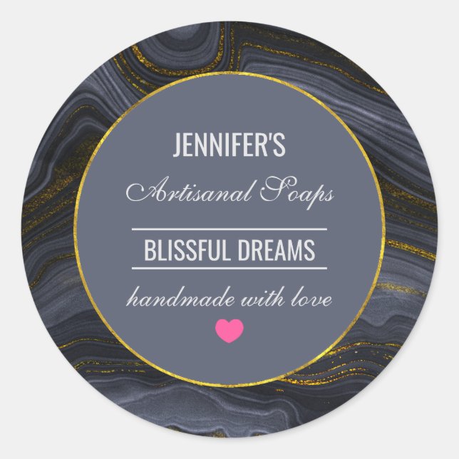 Sticker Rond Noir & Or moderne Agate Pierre savon Abstrait (Devant)