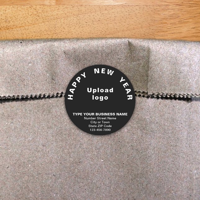 Sticker rond noir pour le Nouvel An (New Year greeting with your business brand on black round shape sticker.)