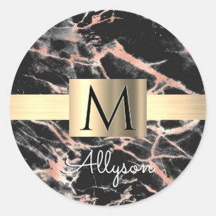 Sticker Rond Noir & Rose Gold Marble Boîte, Nom & Monogramme