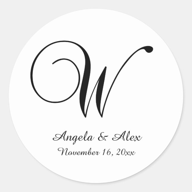 Sticker Rond Noir sur blanc Script Monogramme W (Devant)