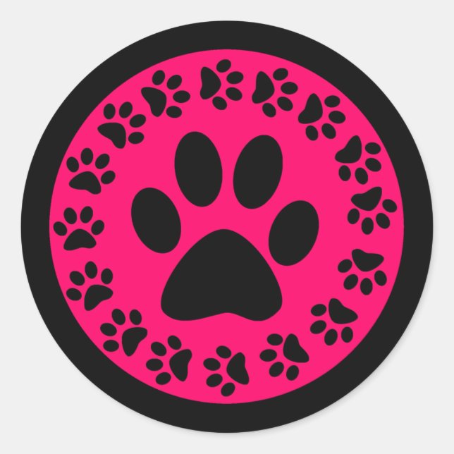 Sticker Rond Noir sur Empreintes de pattes roses (Devant)