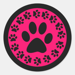 Sticker Rond Noir sur Empreintes de pattes roses