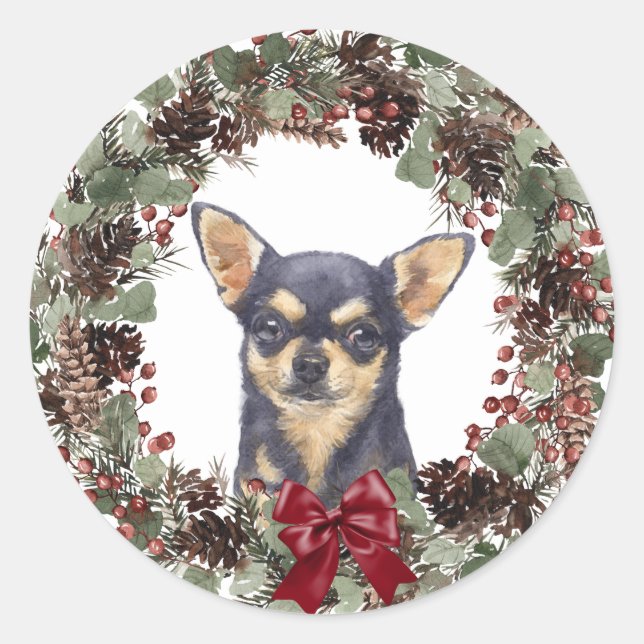 Sticker Rond Noir Tan Chihuahua Pinecone Cérémonie de la couron (Devant)