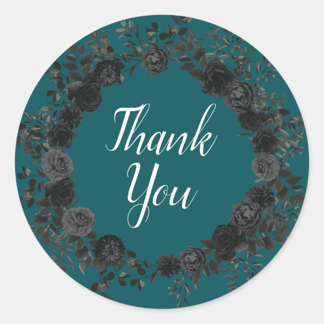 Sticker Rond Noir Turquoise Rose gothique Elégant Mariage (Devant)