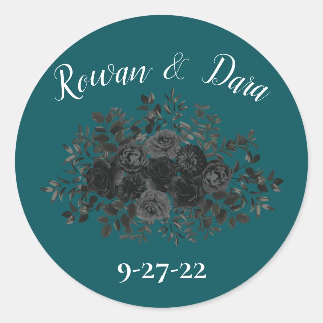 Sticker Rond Noir Turquoise Rose gothique Elégant Mariage (Devant)