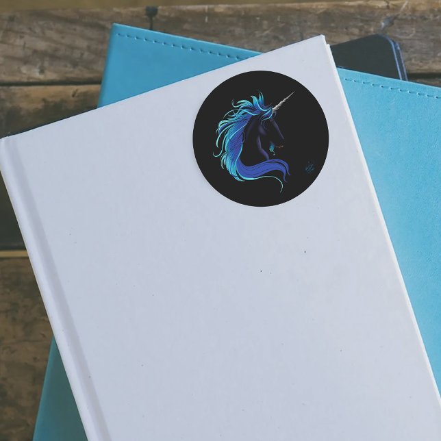 Sticker Rond Noir Unicorne Bleu argent (Créateur téléchargé)