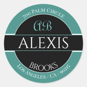 Sticker Rond Nom Adresse Monogramme, Noir et Blanc Turquoise pr